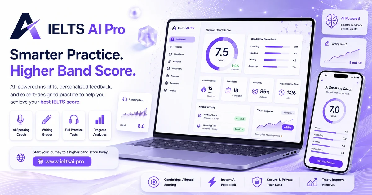 IELTS AI Pro dashboard with band scores on a laptop and phone